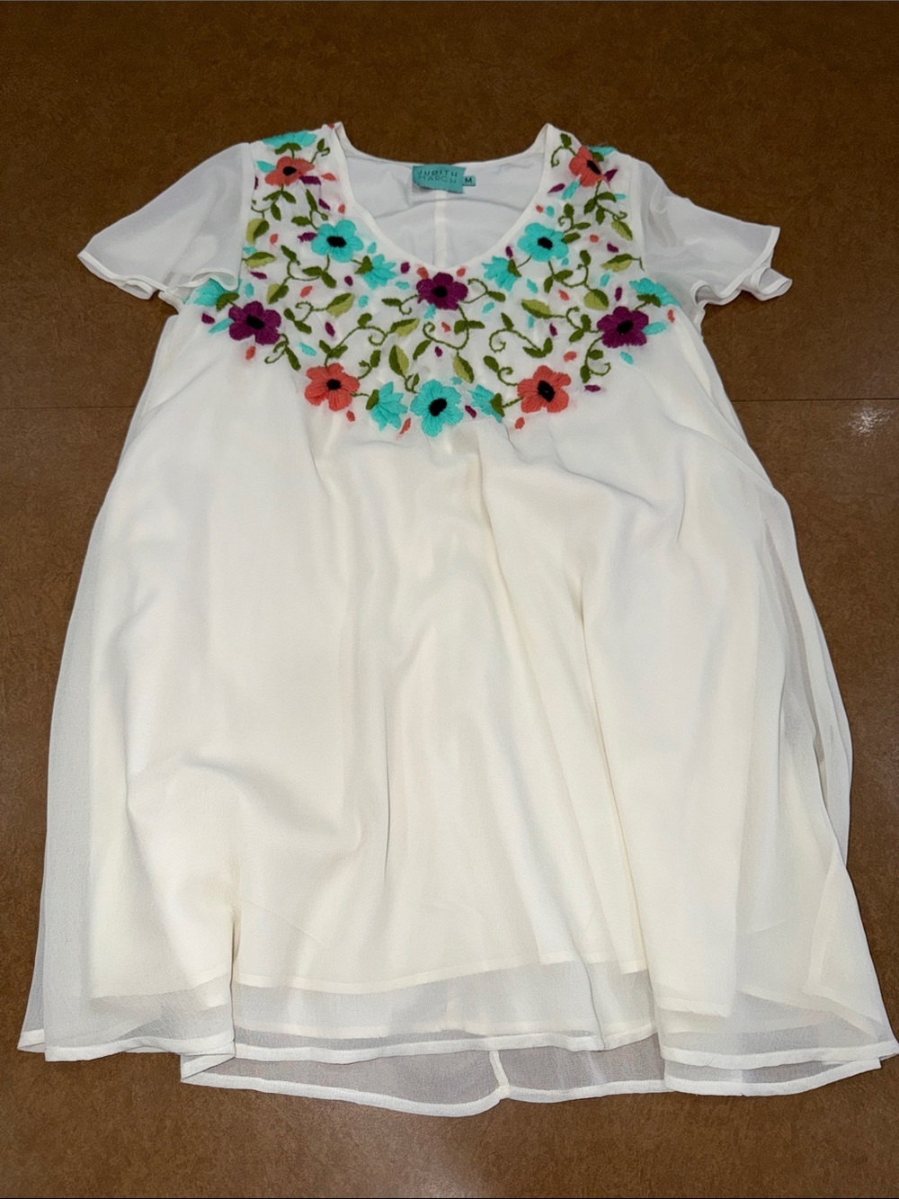 Judith March Sheer Cream Tunic with Multicolor Floral Needle Point • Lined